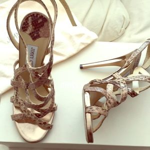 Jimmy Choo snake print leather sandals gold heel.